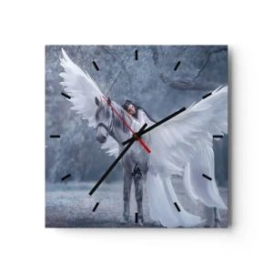 Reloj de pared - Reloj de vidrio - Una mujer en un caballo blanco con alas en un bosque mágico. - 30x30cm - Un momento de inspiración - Decoración de pared moderna para salón y dormitorio ARTTOR