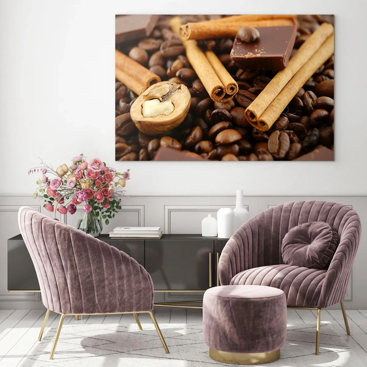 Cuadro sobre vidrio - Impresiones sobre Vidrio - Primer plano de café, canela, chocolate y nueces - 120x80cm - Concierto de aromas - Decoración de pared moderna para salón y dormitorio ARTTOR