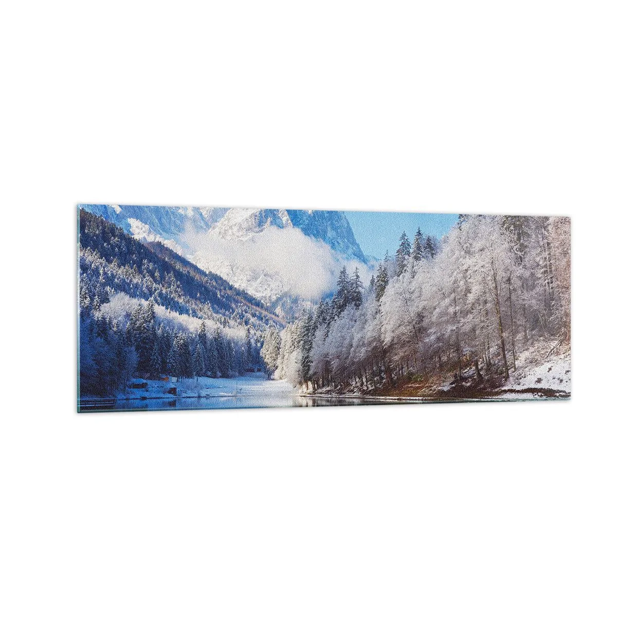 Cuadro sobre vidrio - Impresiones sobre Vidrio - Paisaje invernal de montaña con árboles cubiertos de nieve y un lago. - 140x50cm - Guardia de nieve - Decoración de pared moderna para salón y dormitorio ARTTOR
