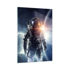 Cuadro sobre vidrio - Impresiones sobre Vidrio - Astronauta con el telón de fondo de planetas y estrellas. - 50x70cm - Una aventura cósmica - Decoración de pared moderna para salón y dormitorio ARTTOR