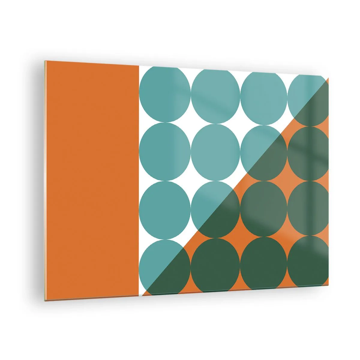 Cuadro sobre vidrio - Impresiones sobre Vidrio - Composición geométrica abstracta con círculos y un triángulo. - 70x50cm - Hacia arriba y en diagonal - Decoración de pared moderna para salón y dormitorio ARTTOR