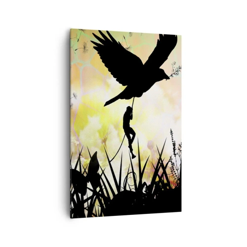 Cuadro sobre lienzo - Impresión de Imagen - Silueta de naturaleza con un pájaro y un diente de león. - 80x120cm - En un ambiente de cuento de hadas - Decoración de pared moderna para salón y dormitorio ARTTOR