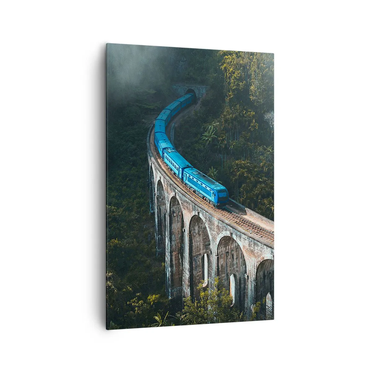 Cuadro sobre lienzo - Impresión de Imagen - Un tren azul en un viaducto histórico entre los bosques. - 80x120cm - Vías sobre la naturaleza - Decoración de pared moderna para salón y dormitorio ARTTOR
