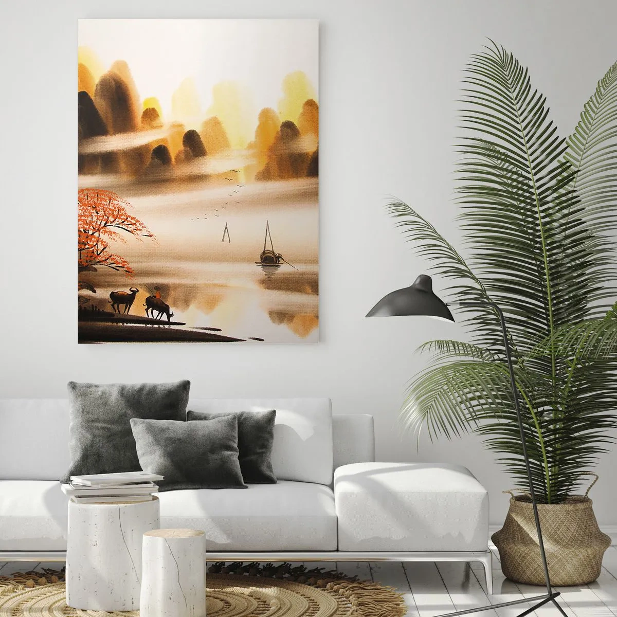 Cuadro sobre vidrio - Impresiones sobre Vidrio - Paisaje oriental con barcos y montañas en la niebla. - 50x70cm - Más allá del Lejano Oriente - Decoración de pared moderna para salón y dormitorio ARTTOR