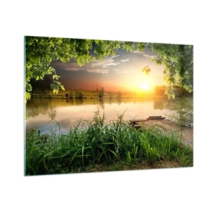 Cuadro sobre vidrio - Impresiones sobre Vidrio - Paisaje con un lago rodeado de vegetación al atardecer - 100x70cm - Paisaje en un marco verde - Decoración de pared moderna para salón y dormitorio ARTTOR