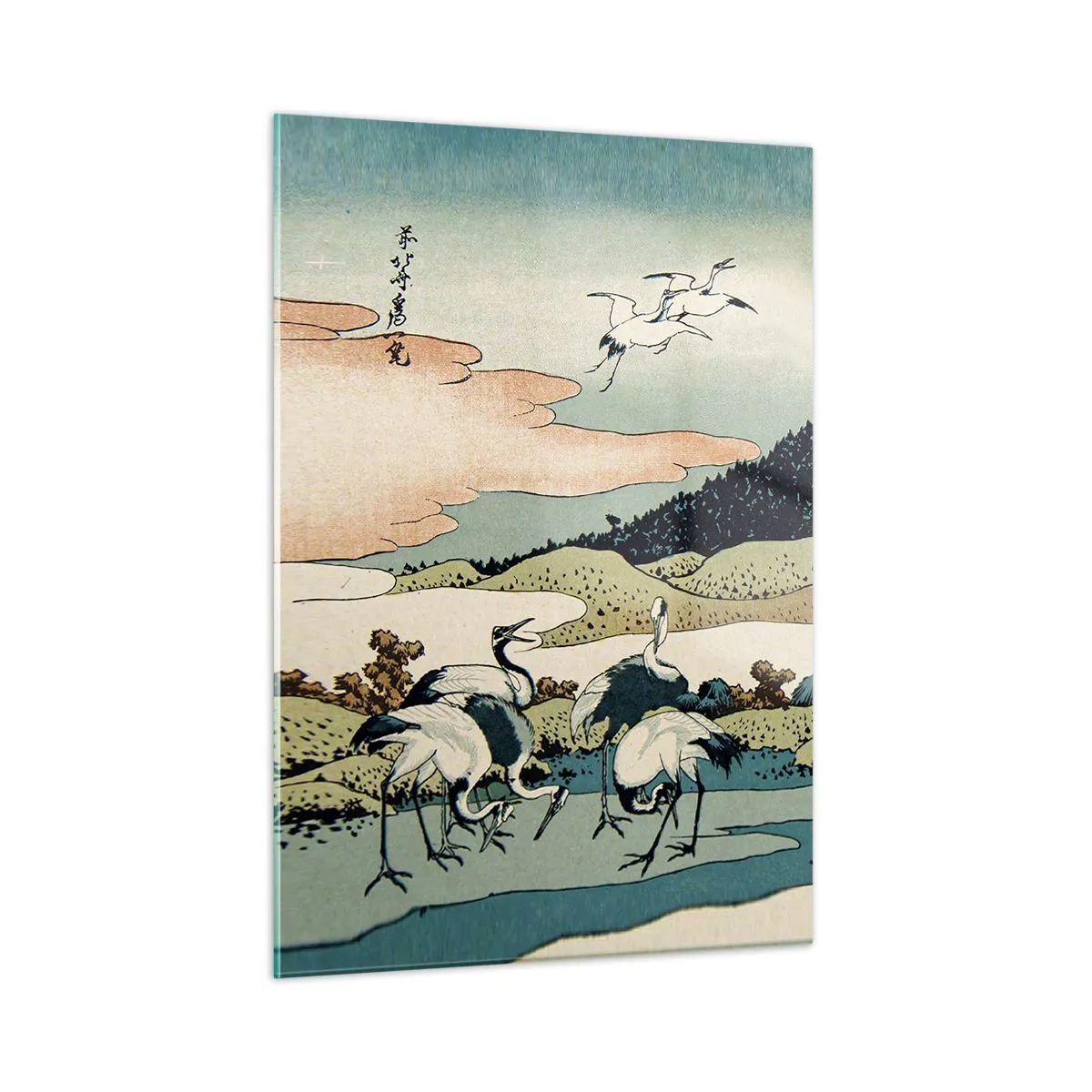 Cuadro sobre vidrio - Impresiones sobre Vidrio - Una pintura de pájaros en un paisaje japonés con vistas al monte Fuji. - 50x70cm - Alma japonesa - Decoración de pared moderna para salón y dormitorio ARTTOR
