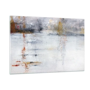 Cuadro sobre vidrio - Impresiones sobre Vidrio - Una pintura abstracta que presenta una sutil combinación de gris, blanco y dorado. - 120x80cm - Tras una cortina de aire - Decoración de pared moderna para salón y dormitorio ARTTOR