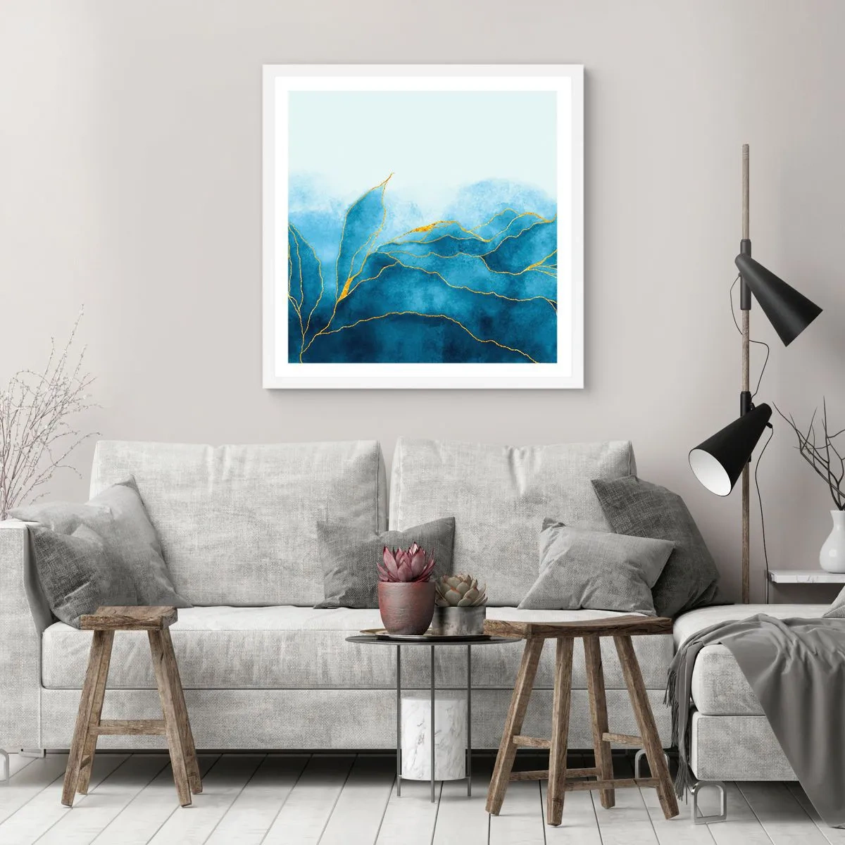 Póster en marco blanco - Oro y azul - 30x30 cm