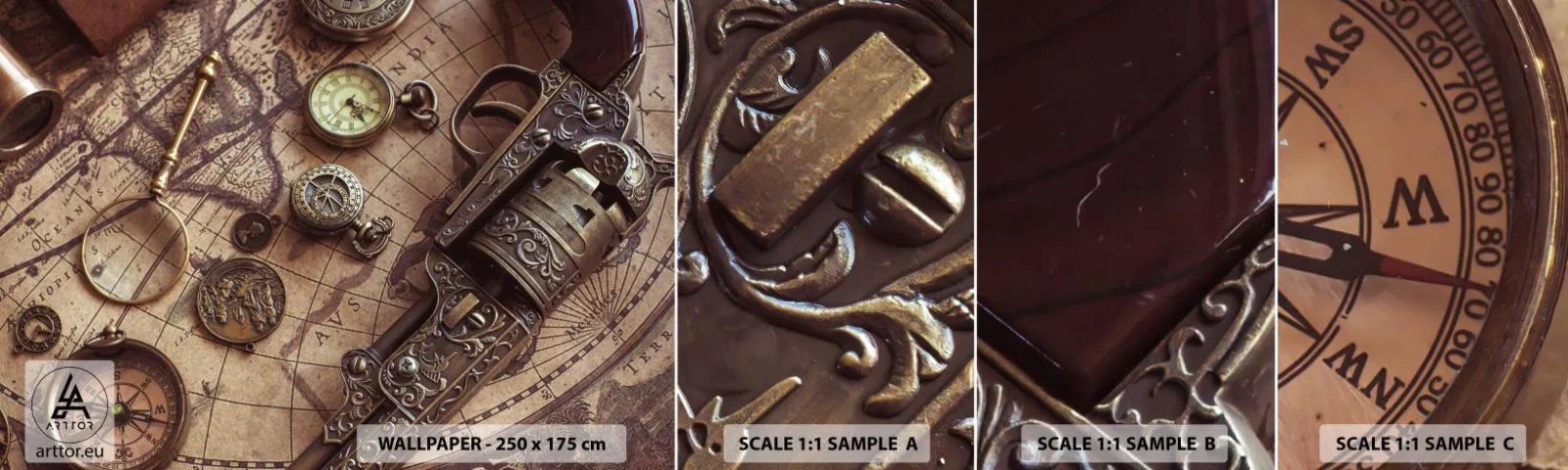 Muestra de fotomural autoadhesivo Deluxe Sticker - La aventura llama - Mapa del mundo, Brújula, Revólver - 100x30 cm