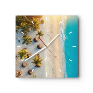 Reloj de pared - Reloj de vidrio - Vista de una playa tropical con palmeras y un mar turquesa. - 30x30cm - Bienvenidos al paraíso - Decoración de pared moderna para salón y dormitorio ARTTOR