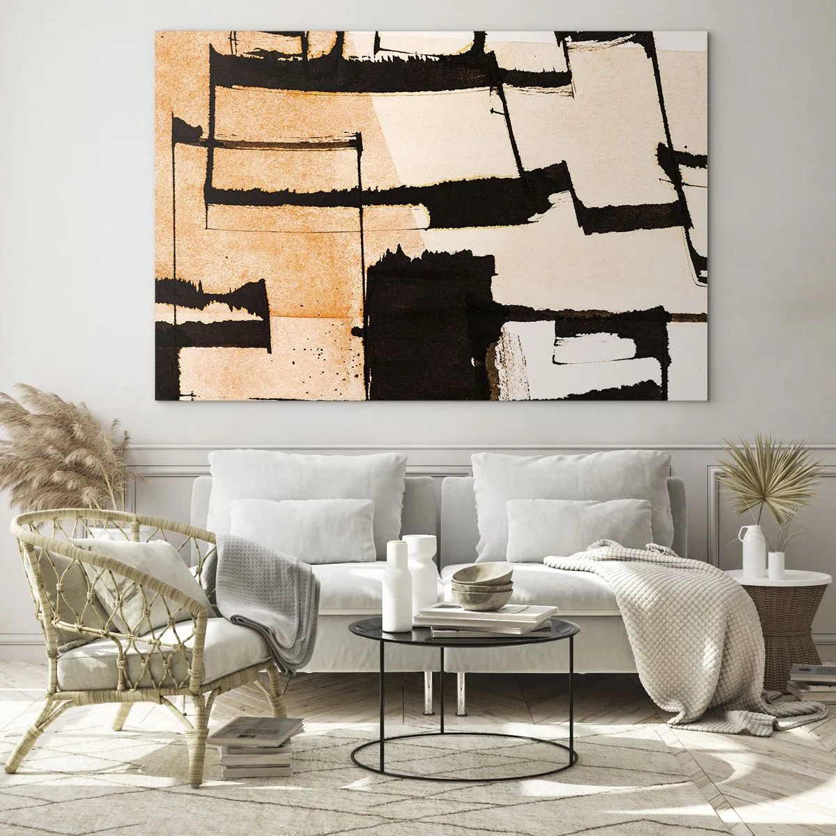Cuadro sobre vidrio - Impresiones sobre Vidrio - Abstracción geométrica en tonos beige y negro. - 70x50cm - Aun así hay orden - Decoración de pared moderna para salón y dormitorio ARTTOR