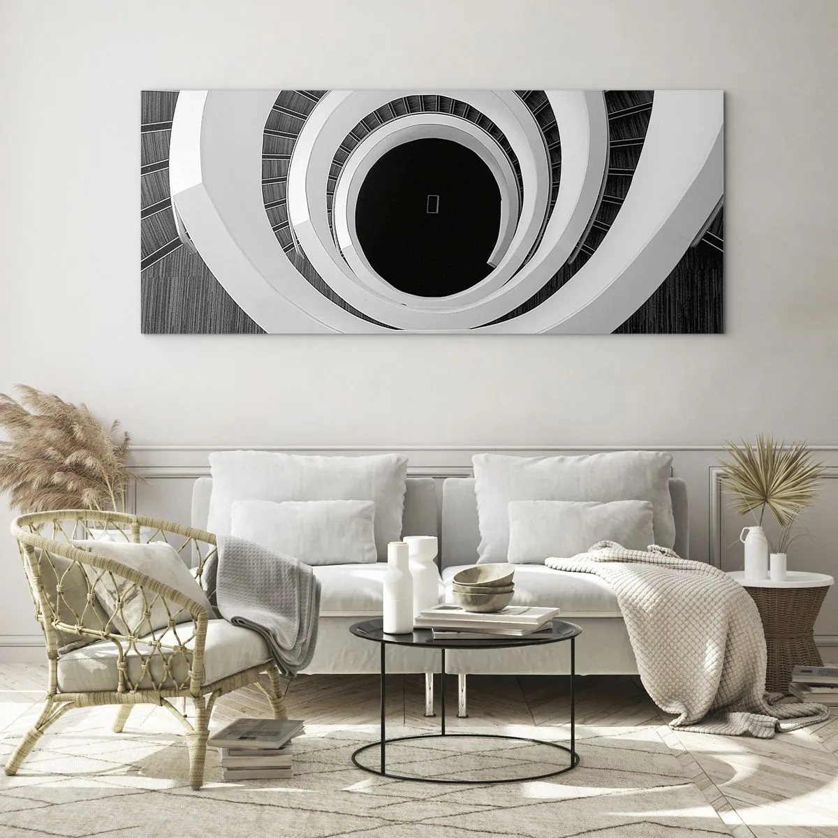 Cuadro sobre vidrio - Impresiones sobre Vidrio - Escalera de caracol en blanco y negro de estilo moderno. - 140x50cm - Hacia el origen - Decoración de pared moderna para salón y dormitorio ARTTOR