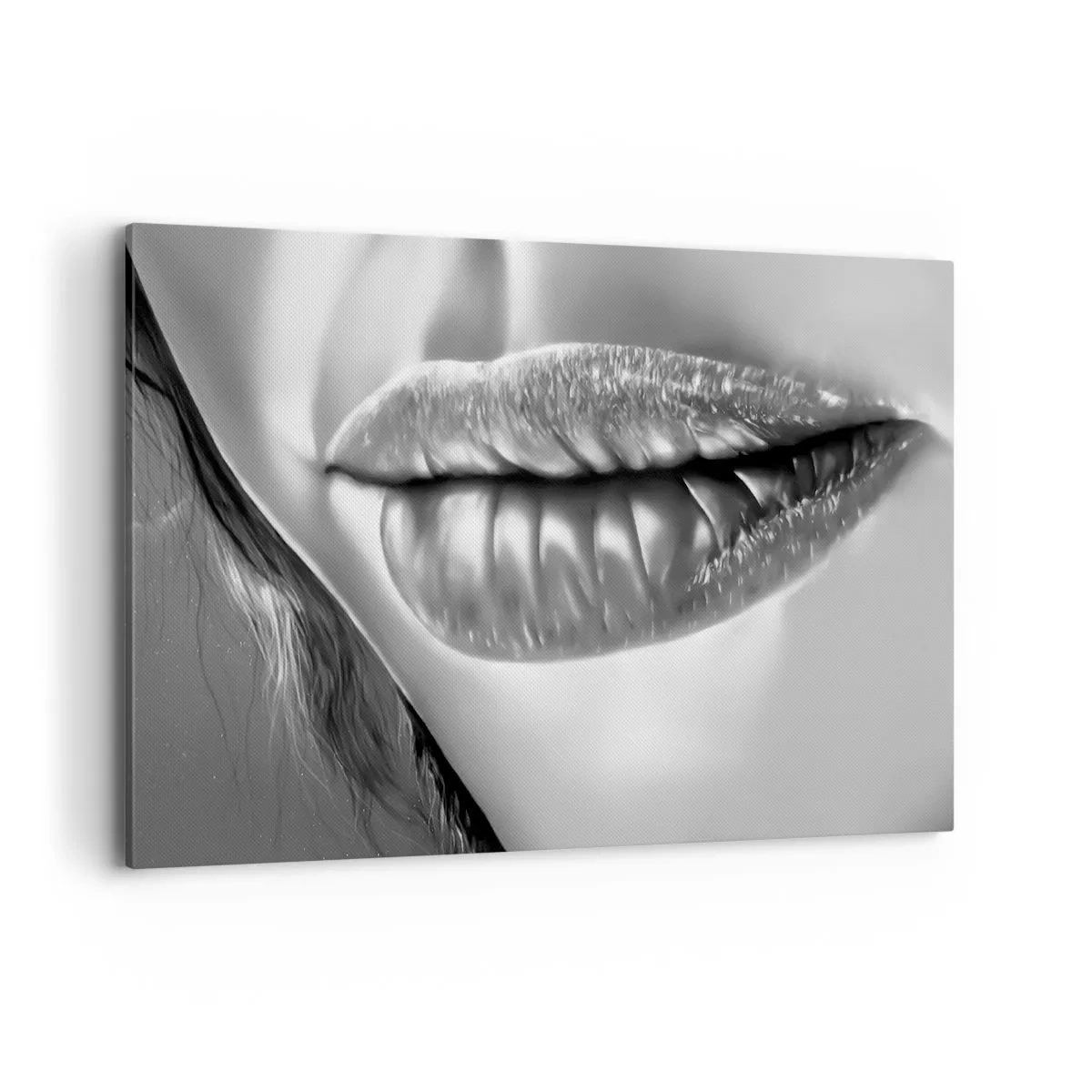 Cuadro sobre lienzo - Impresión de Imagen - Primer plano en blanco y negro de los labios de una mujer con efecto brillante y detalles. - 120x80cm - Sé lo que estás pensando... - Decoración de pared moderna para salón y dormitorio ARTTOR