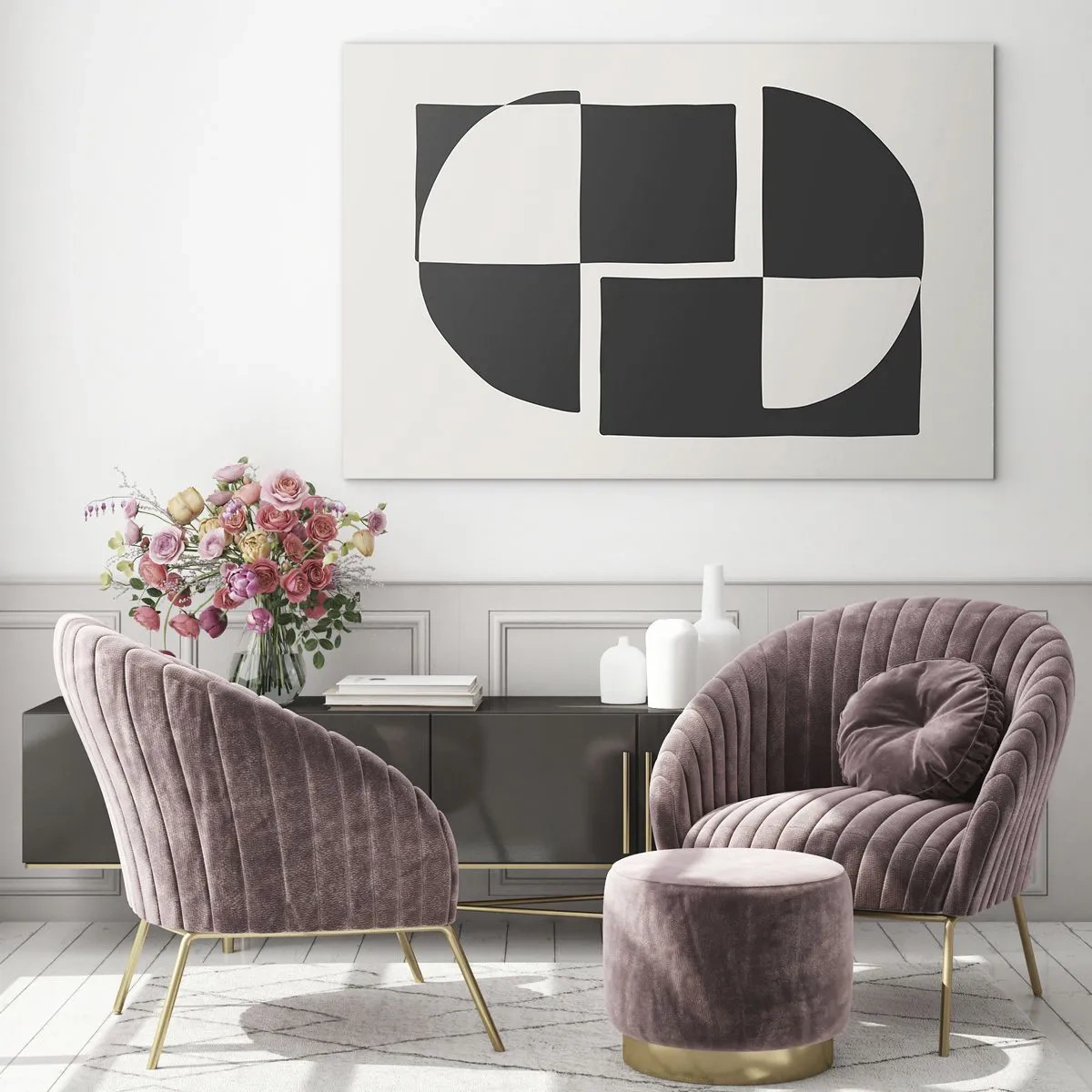 Cuadro sobre vidrio - Impresiones sobre Vidrio - Composición geométrica de formas en blanco y negro. - 70x50cm - Antítesis - síntesis - Decoración de pared moderna para salón y dormitorio ARTTOR