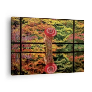 Cuadro sobre lienzo - Impresión de Imagen - Una mujer con un kimono y un paraguas con el telón de fondo de un paisaje otoñal. - 70x50cm - En un templo de la naturaleza - Decoración de pared moderna para salón y dormitorio ARTTOR