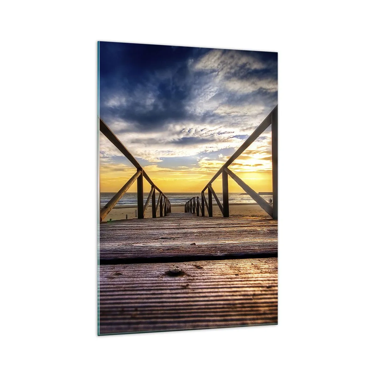 Cuadro sobre vidrio - Impresiones sobre Vidrio - Muelle de madera que conduce a la playa al atardecer - 70x100cm - Directamente hacia una playa tranquila al atardecer - Decoración de pared moderna para salón y dormitorio ARTTOR