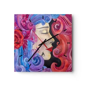 Reloj de pared - Reloj de vidrio - Perfil colorido de una mujer en estilo artístico. - 30x30cm - Inspiración en rojo y violeta - Decoración de pared moderna para salón y dormitorio ARTTOR