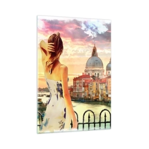 Cuadro sobre vidrio - Impresiones sobre Vidrio - Una mujer admira la vista de Venecia al atardecer. - 50x70cm - Escapada de fin de semana - Decoración de pared moderna para salón y dormitorio ARTTOR