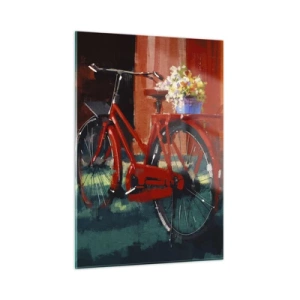 Cuadro sobre vidrio - Impresiones sobre Vidrio - Una bicicleta roja con flores delante de un edificio rojo. - 50x70cm - Quiero ir en bicicleta - Decoración de pared moderna para salón y dormitorio ARTTOR