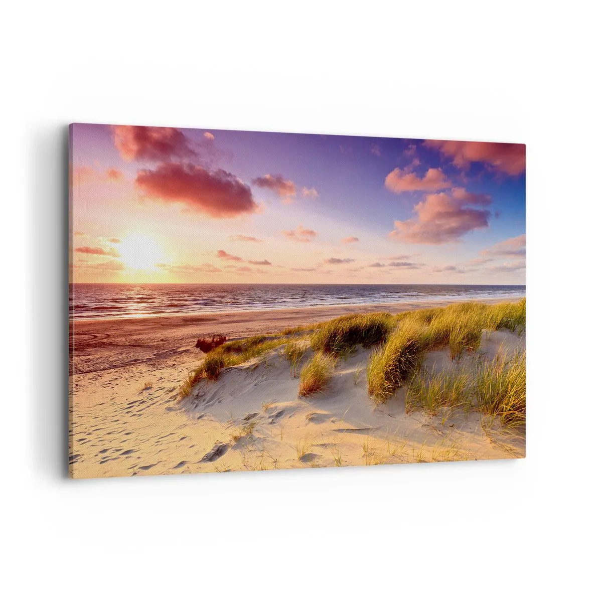 Cuadro sobre lienzo - Impresión de Imagen - Una playa cubierta de hierba y una puesta de sol sobre un mar en calma. - 100x70cm - Se siente la brisa veraniega - Decoración de pared moderna para salón y dormitorio ARTTOR
