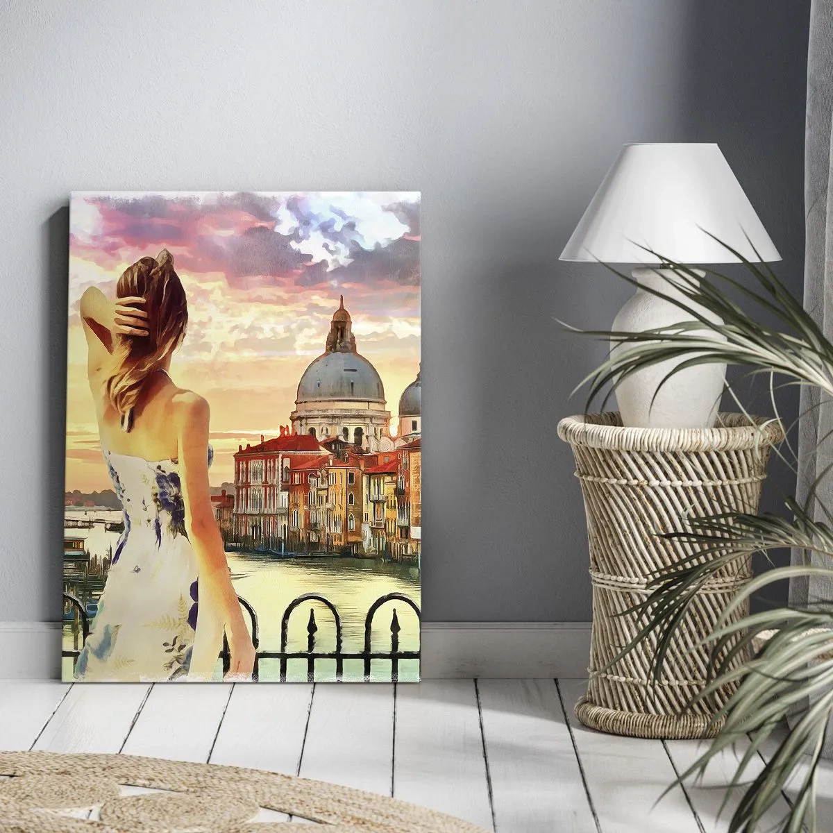 Cuadro sobre lienzo - Impresión de Imagen - Una mujer admirando el pintoresco paisaje junto al canal. - 50x70cm - Escapada de fin de semana - Decoración de pared moderna para salón y dormitorio ARTTOR
