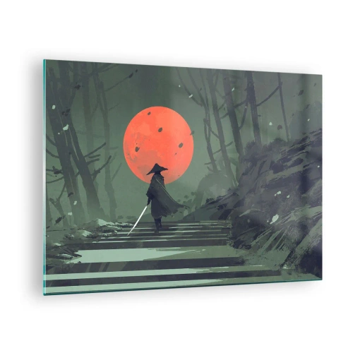 Cuadro sobre vidrio - Impresiones sobre Vidrio - Un guerrero solitario con una espada en el bosque con una luna roja como telón de fondo. - 70x50cm - Guerrero de la luna roja - Decoración de pared moderna para salón y dormitorio ARTTOR