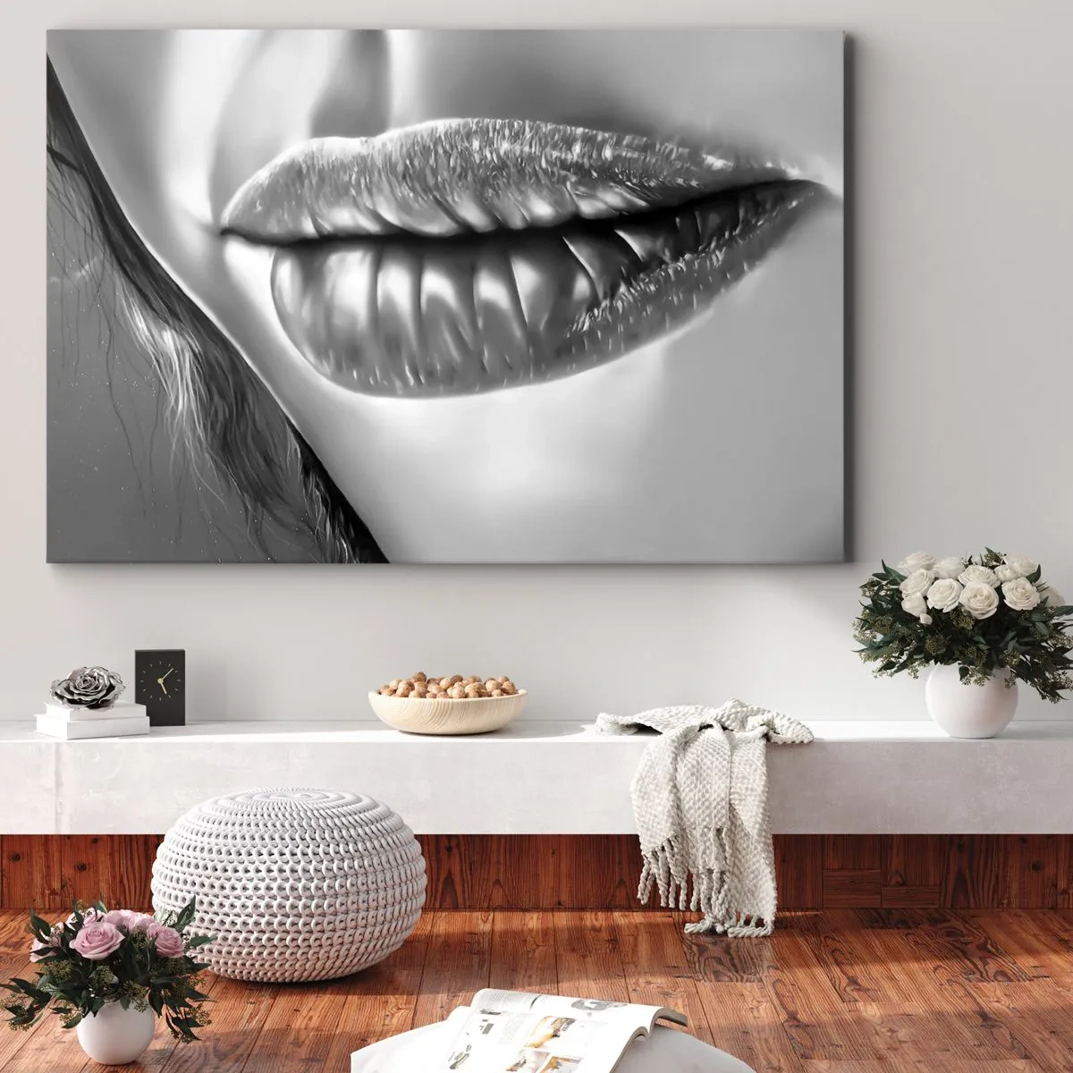 Cuadro sobre lienzo - Impresión de Imagen - Primer plano en blanco y negro de los labios de una mujer con efecto brillante y detalles. - 120x80cm - Sé lo que estás pensando... - Decoración de pared moderna para salón y dormitorio ARTTOR