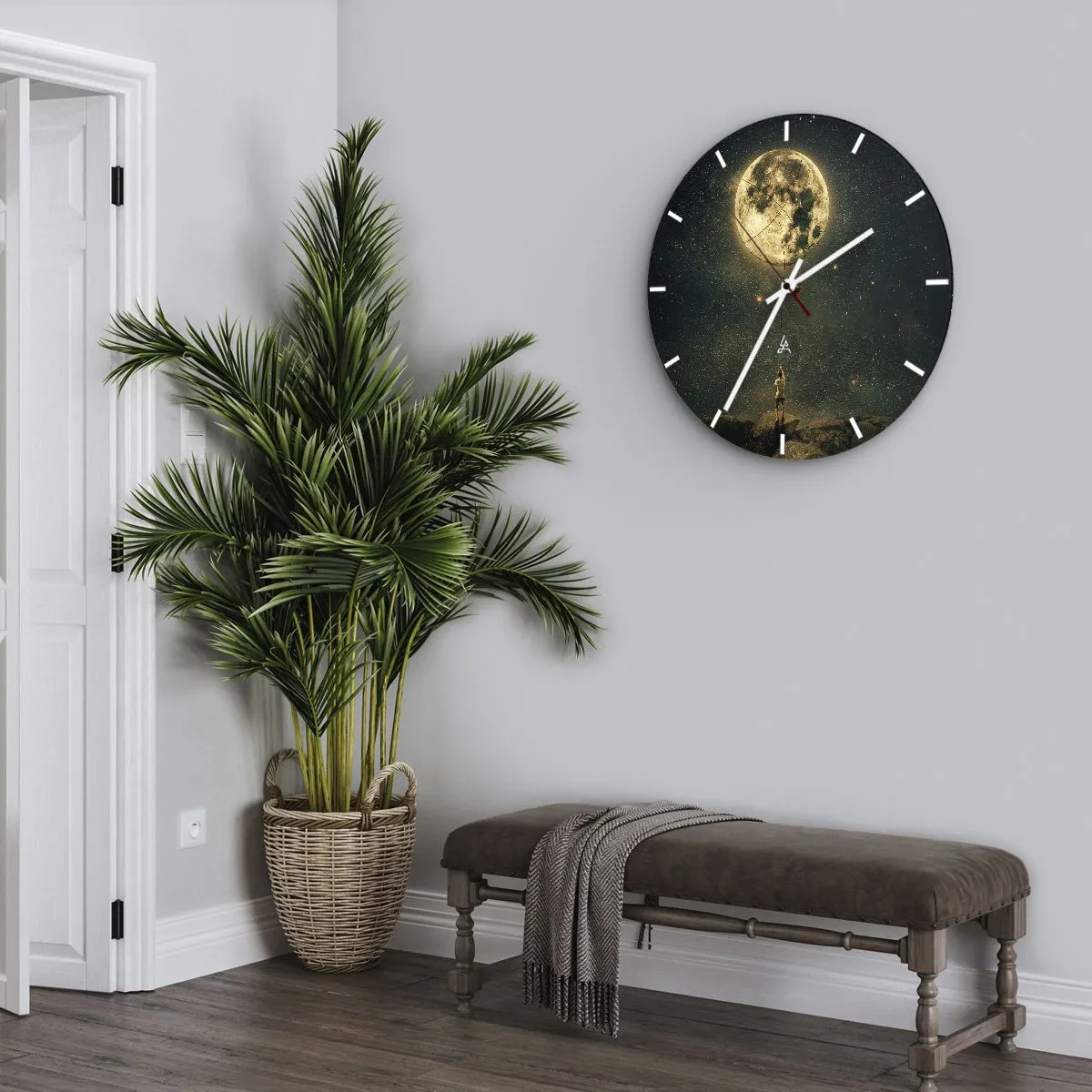 Reloj de pared - Reloj de vidrio - Una persona en una roca captando la luna contra un cielo estrellado. - 30x30cm - El que robó la luna - Decoración de pared moderna para salón, cocina y dormitorio ARTTOR