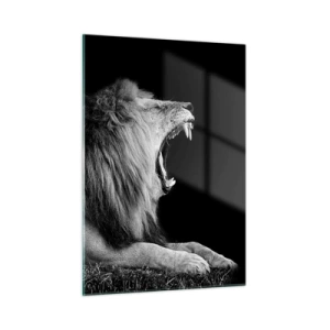 Cuadro sobre vidrio - Impresiones sobre Vidrio - Retrato en blanco y negro de un león rugiendo contra una sombra. - 50x70cm - Sin duda alguna - Decoración de pared moderna para salón y dormitorio ARTTOR