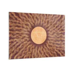 Cuadro sobre vidrio - Impresiones sobre Vidrio - Un sol estilizado con rayos en forma de líneas onduladas sobre un fondo marrón. - 70x50cm - Icono del sol - Decoración de pared moderna para salón y dormitorio ARTTOR
