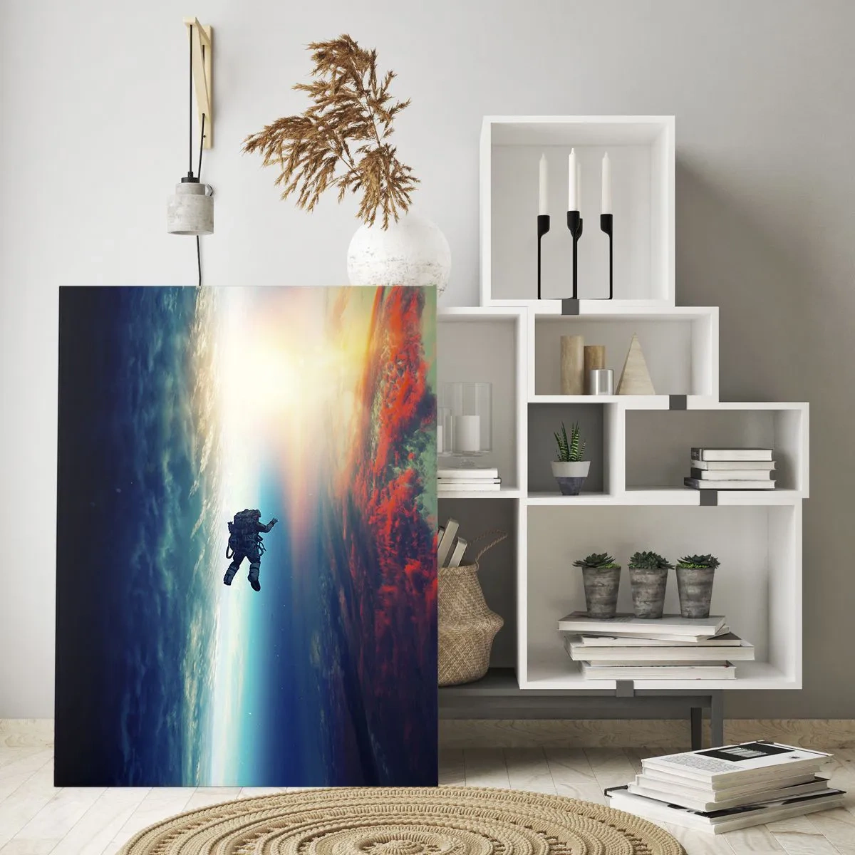 Cuadro sobre vidrio - Impresiones sobre Vidrio - Un astronauta flotando a través del espacio hacia la luz. - 50x70cm - Enfrentarse al universo - Decoración de pared moderna para salón y dormitorio ARTTOR