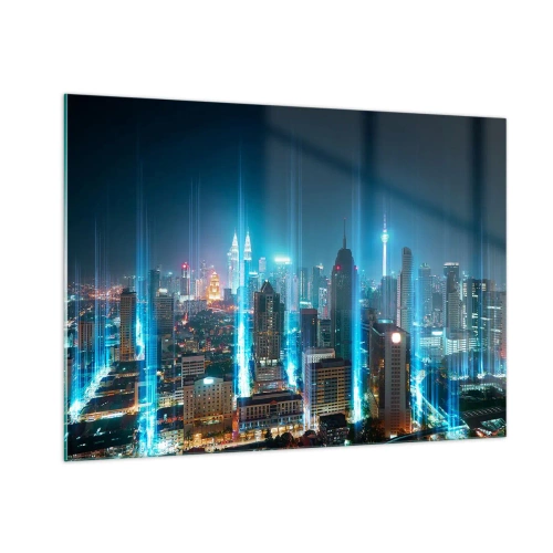Cuadro sobre vidrio - Impresiones sobre Vidrio - Una ciudad nocturna con edificios altos y rayos de luz. - 100x70cm - De Berlín al cielo - Decoración de pared moderna para salón y dormitorio ARTTOR