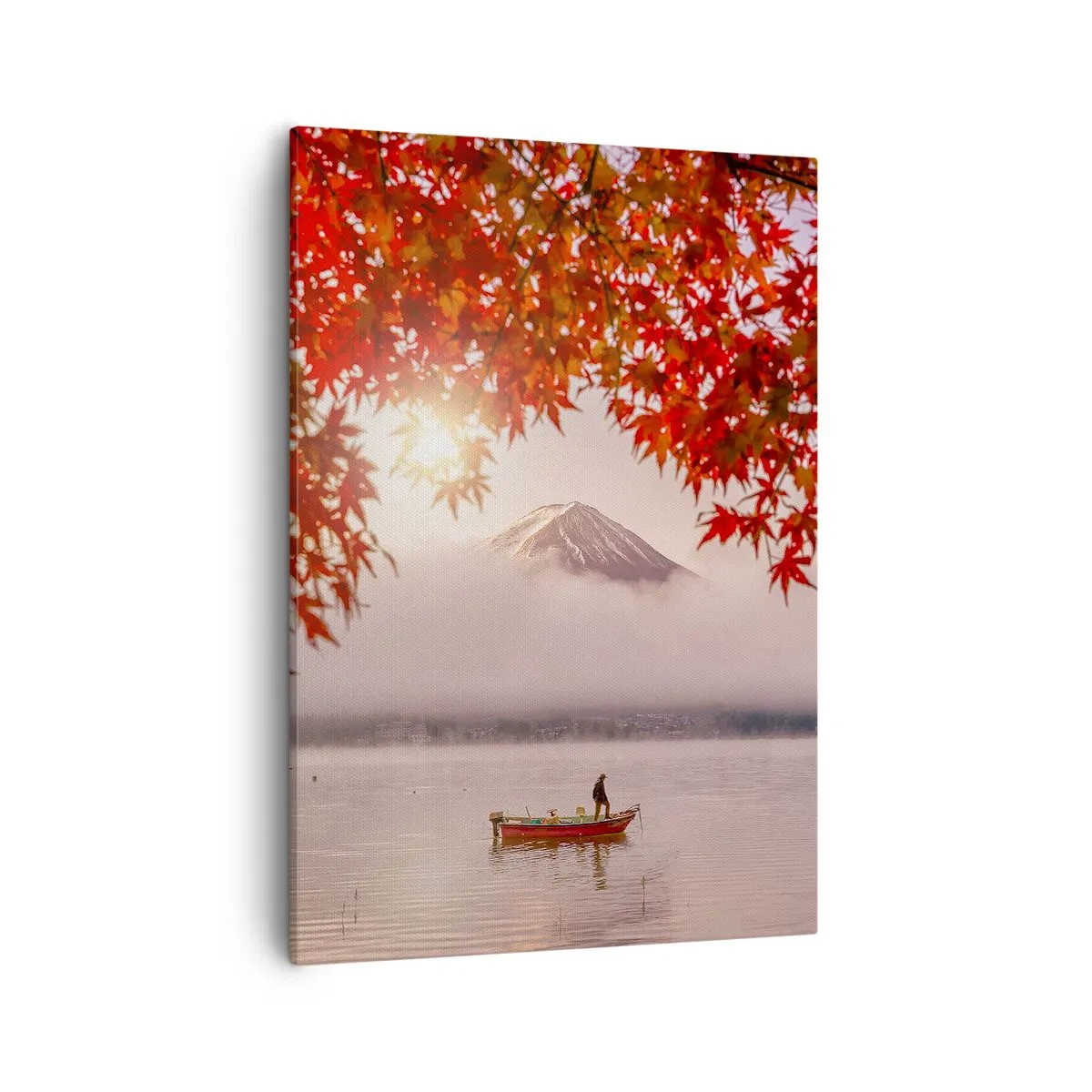 Cuadro sobre lienzo - Impresión de Imagen - Un barco en un lago rodeado de hojas de arce rojas. - 50x70cm - Estilo japonés - Decoración de pared moderna para salón y dormitorio ARTTOR