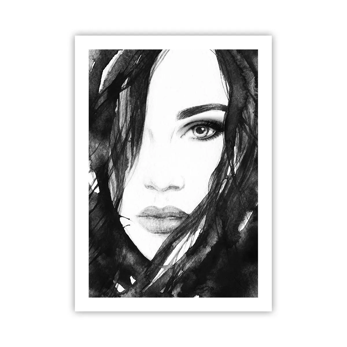 Póster - Acuarela en blanco y negro del rostro de una mujer. - 50x70cm - Retrato de una dama en blanco y negro - Decoración de pared moderna para salón y dormitorio ARTTOR