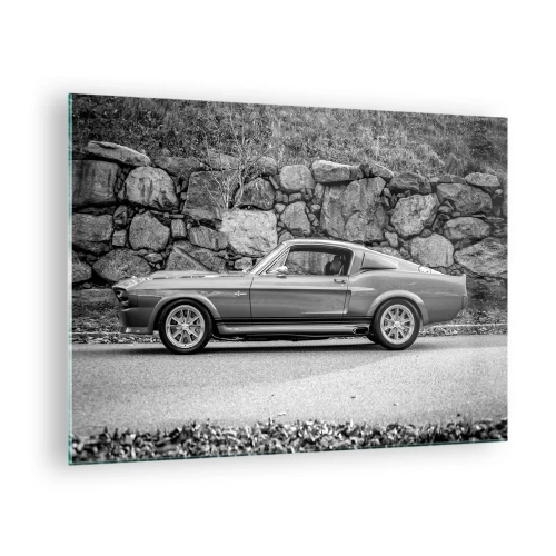 Cuadro sobre vidrio - Impresiones sobre Vidrio - Un coche clásico contra un muro de piedra. - 70x50cm - Una leyenda de los años 60 - Decoración de pared moderna para salón y dormitorio ARTTOR