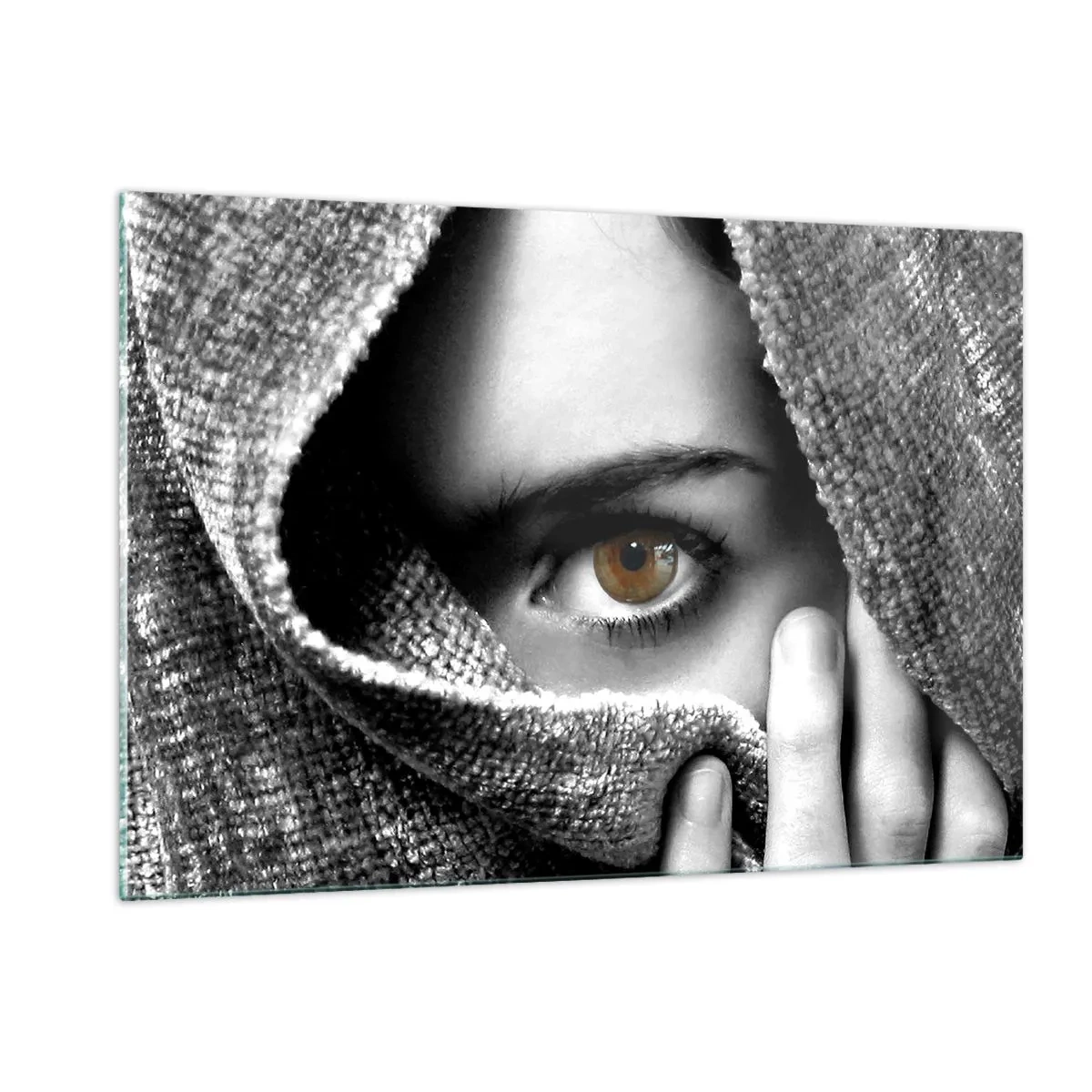 Cuadro sobre vidrio - Impresiones sobre Vidrio - Un ojo oculto tras una textura de tela monocromática. - 120x80cm - Conoce el misterio - Decoración de pared moderna para salón y dormitorio ARTTOR
