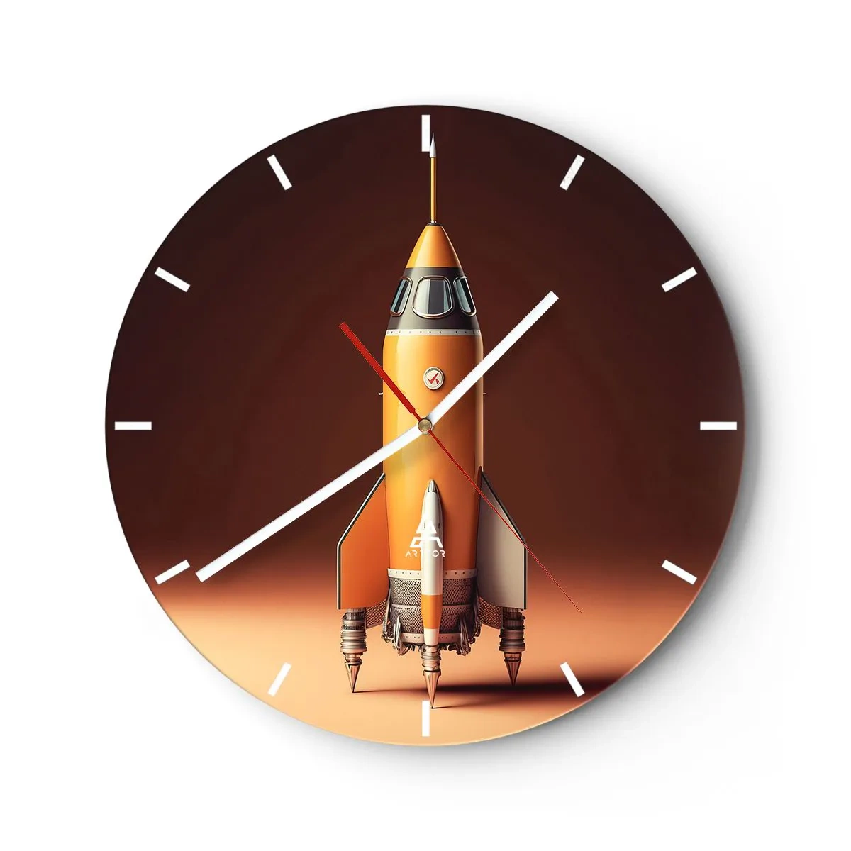 Reloj de pared - Reloj de vidrio - Un cohete naranja listo para ser lanzado contra un fondo oscuro. - 30x30cm - Comienza con un sueño - Decoración de pared moderna para salón, cocina y dormitorio ARTTOR