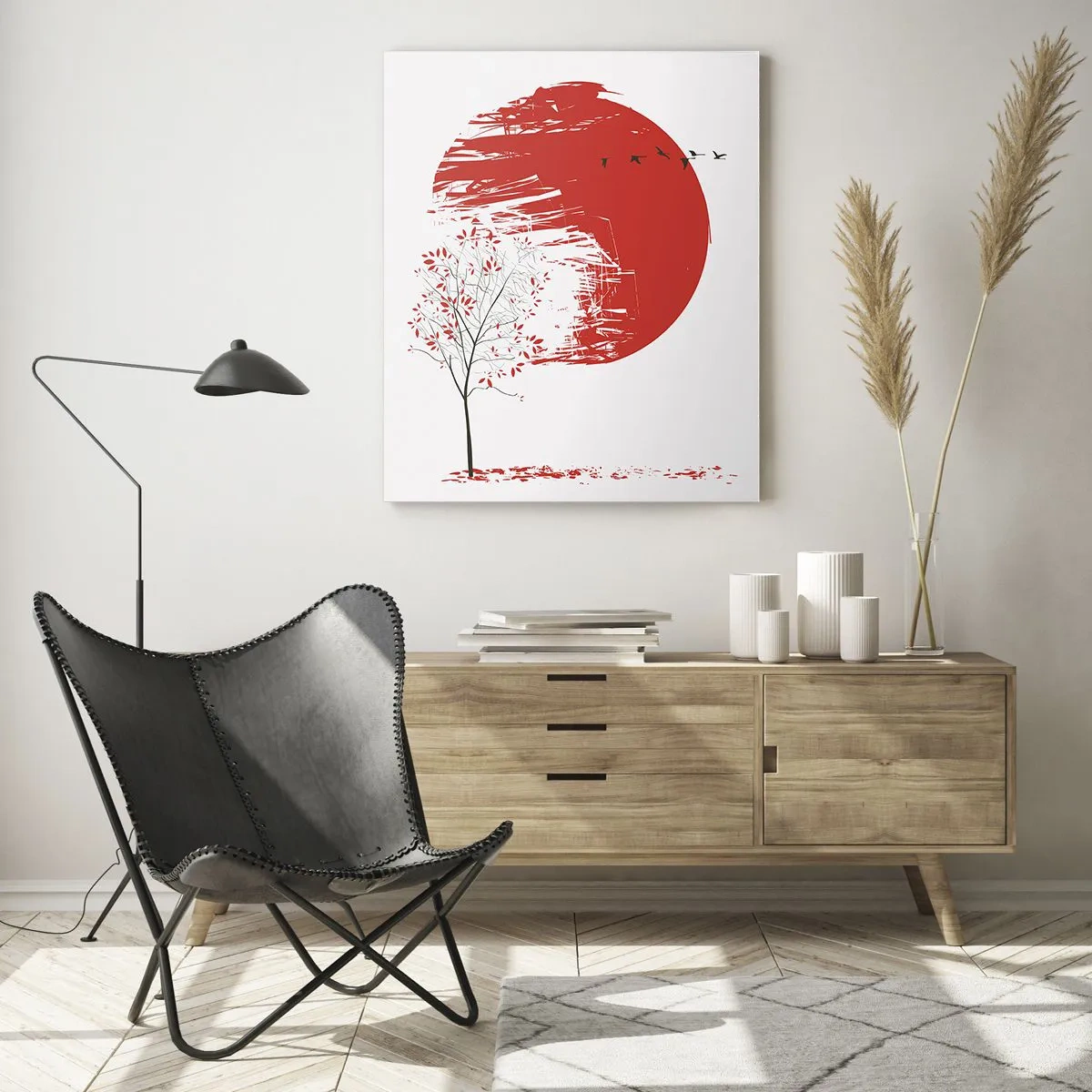 Cuadro sobre vidrio - Impresiones sobre Vidrio - Círculo rojo y árbol en estilo oriental. - 50x70cm - ¿Conoces este país? - Decoración de pared moderna para salón y dormitorio ARTTOR