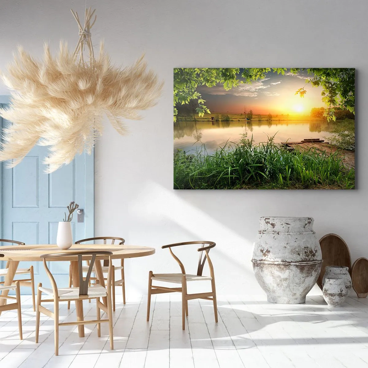 Cuadro sobre lienzo - Impresión de Imagen - Paisaje verde con un lago al atardecer - 70x50cm - Paisaje en un marco verde - Decoración de pared moderna para salón y dormitorio ARTTOR