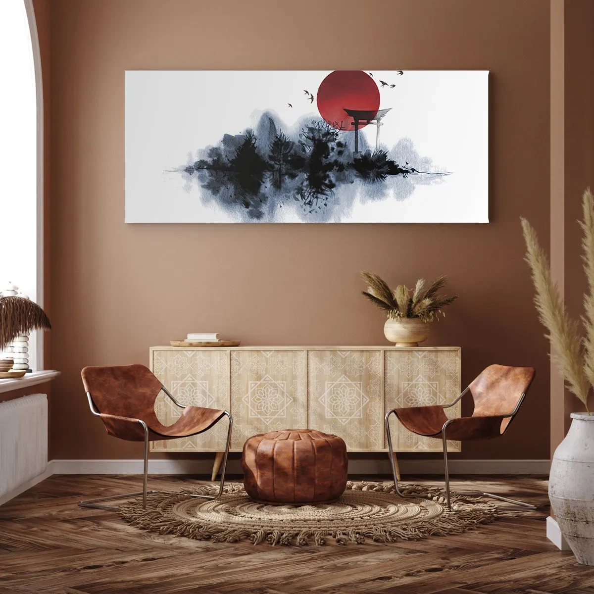 Cuadro sobre lienzo - Impresión de Imagen - Sol rojo sobre un paisaje pintoresco con torii - 160x50cm - Visión japonesa - Decoración de pared moderna para salón y dormitorio ARTTOR