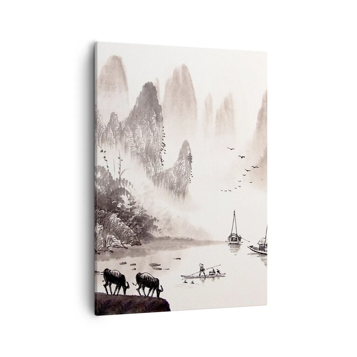 Cuadro sobre lienzo - Impresión de Imagen - Un pintoresco paisaje de estilo asiático con montañas brumosas. - 50x70cm - La exótica vida cotidiana de Oriente - Decoración de pared moderna para salón y dormitorio ARTTOR
