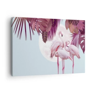 Cuadro sobre lienzo - Impresión de Imagen - Flamencos rosados con la luna y las hojas tropicales como telón de fondo. - 70x50cm - La grandeza de las aves - Decoración de pared moderna para salón y dormitorio ARTTOR