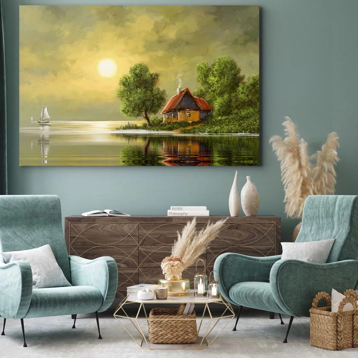 Cuadro sobre lienzo - Impresión de Imagen - Casa del lago a la luz del atardecer - 120x80cm - Es hermoso, como salido de un cuadro - Decoración de pared moderna para salón y dormitorio ARTTOR
