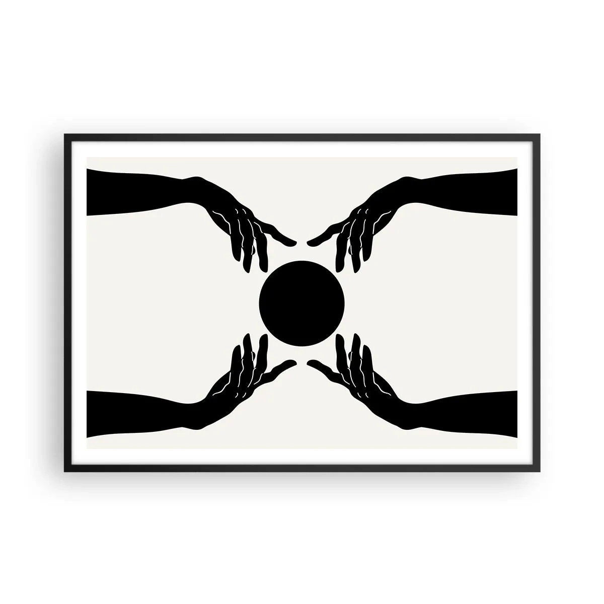 Póster en marco negro - Manos negras en una composición simétrica con una pelota. - 100x70cm - Una señal secreta - Decoración de pared moderna para salón y dormitorio ARTTOR