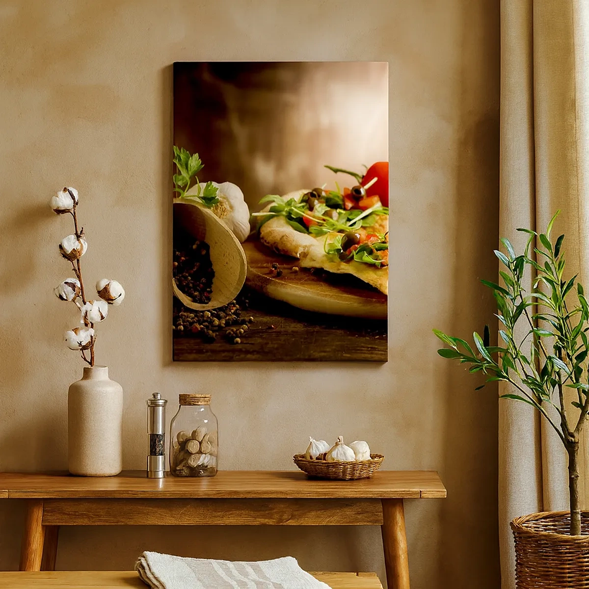 Cuadro sobre lienzo - Impresión de Imagen - Pizza con verduras sobre tabla de madera en estilo rústico - 50x70cm - Directamente del horno y del jardín - Decoración de pared moderna para salón y dormitorio ARTTOR