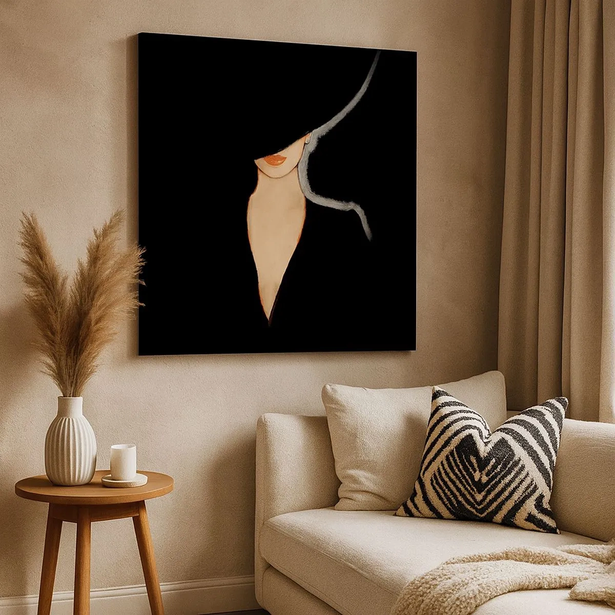 Cuadro sobre lienzo - Impresión de Imagen - Silueta de una mujer con sombrero sobre un fondo negro - 70x50cm - Elegancia y estilo - Decoración de pared moderna para salón y dormitorio ARTTOR