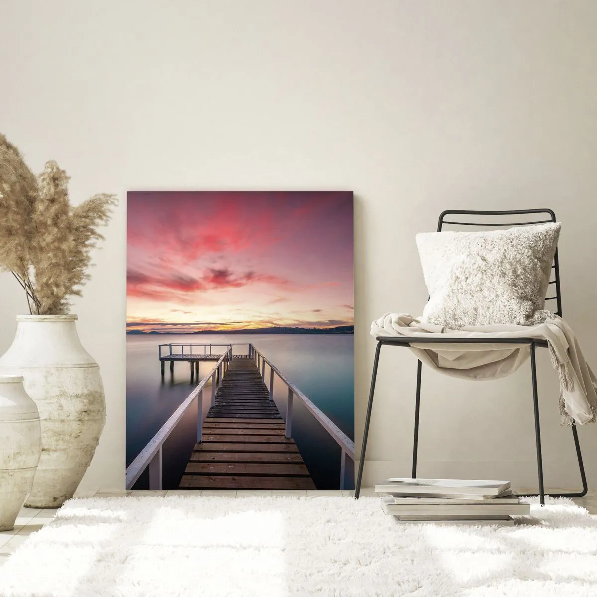 Cuadro sobre vidrio - Impresiones sobre Vidrio - Muelle junto al lago al atardecer con un cielo rosado - 50x70cm - La suave llama del atardecer - Decoración de pared moderna para salón y dormitorio ARTTOR