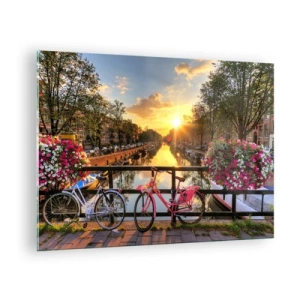 Cuadro sobre vidrio - Impresiones sobre Vidrio - Puesta de sol sobre el canal con bicicletas al fondo - 70x50cm - Mañana de primavera en Ámsterdam - Decoración de pared moderna para salón y dormitorio ARTTOR
