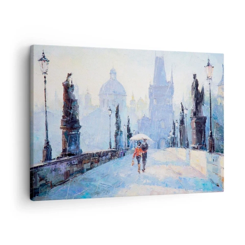 Cuadro sobre lienzo - Impresión de Imagen - Pareja romántica en un puente bajo la lluvia, una escena pictórica - 70x50cm - El embrujo de la lluvia - Decoración de pared moderna para salón y dormitorio ARTTOR