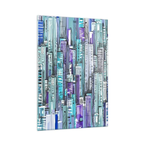Cuadro sobre vidrio - Impresiones sobre Vidrio - Ilustración de una ciudad con edificios geométricos en tonos azules y morados. - 80x120cm - Azul del cielo - Decoración de pared moderna para salón y dormitorio ARTTOR